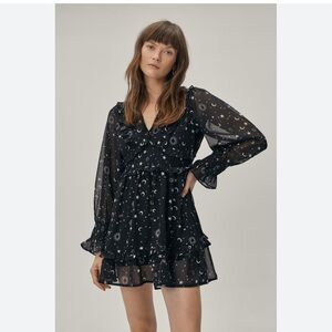 Nasty Gal Woman’s Black Mini Dress with Stars, Suns & Moons. Size 4.